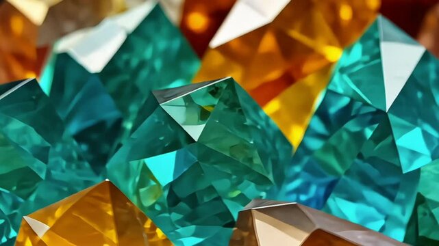 A macro shot of vibrant geometric patterns in mineral crystals, showcasing vivid azure, emerald, and amber hues within prismatic facets, illuminated by natural light refraction on a raw geological spe