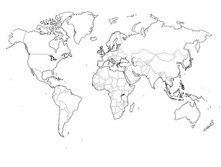 Fototapeta premium Detailed Black and White World Map Outline Isolated on White Background, Educational Geography Resource for Cartography and Global Studies