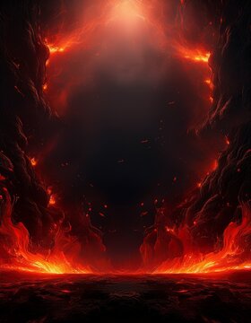 淵に赤の炎が舞い上がる幻想的なシーン