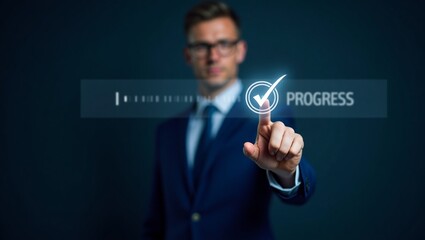 Progress Visualization: A focused business professional interacts with an illuminated digital interface, highlighting progress with a prominent checkmark, symbolizing completion and success.