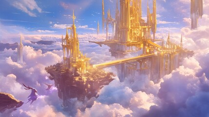 Golden Celestial City Floating Island Paradise in the Clouds