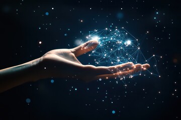 A symbolic image of human intelligence and technology merging, as a hand gracefully presents a virtual world with endless possibilities