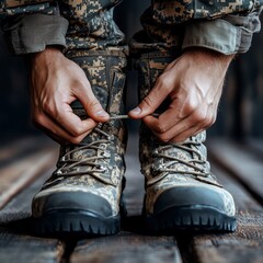 Fototapeta premium Close up view of a person in camouflage military uniform tying their combat boots. The boots are tan and brown with a camouflage pattern, and the background is a dark wooden surface.