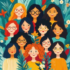 Illustration of Three Women Surrounded by Lush Floral Foliage, Feminine Nature Art