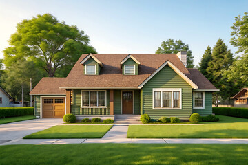 Charming Green House with Lush Landscaping. A picturesque, well-maintained suburban home with a green facade, brown roof, and vibrant green lawn.