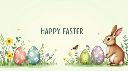 Happy easter watercolor card, banner, border with eggs spring flowers