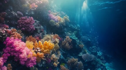 Vibrant underwater scene with colorful coral reef and sunlight