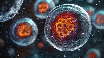 Naklejka premium Close up of a cell showing red and yellow components inside under microscope