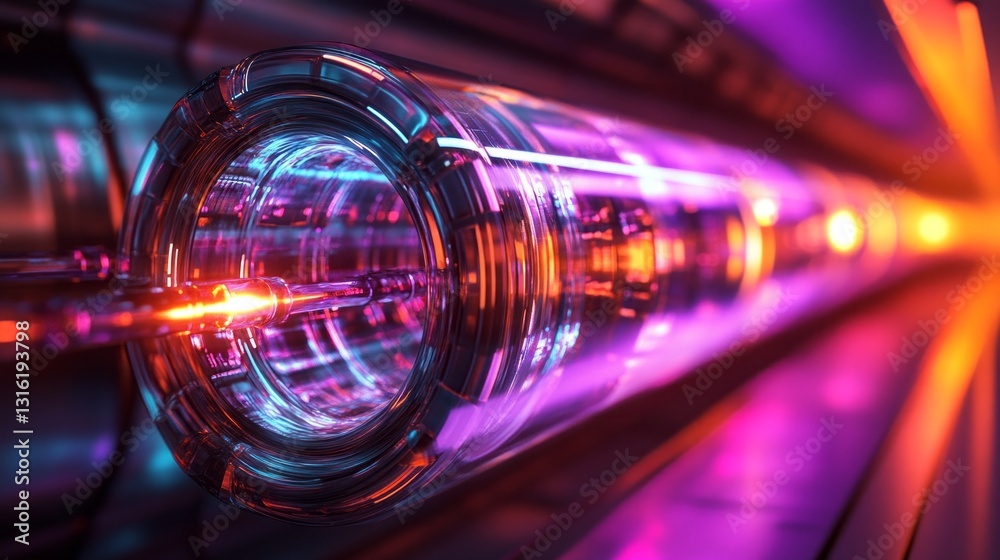 Poster A mesmerizing display of a glass tube radiating bright neon hues in a high-tech laboratory. Colored lights create a dynamic atmosphere, showcasing advanced technology during a nocturnal experiment