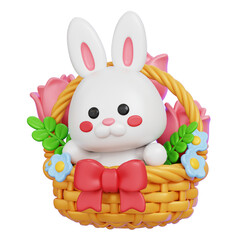 Cute bunny rabbit and flower in wooden baskets isolated. Happy Easter celebration icon.3D Illustration