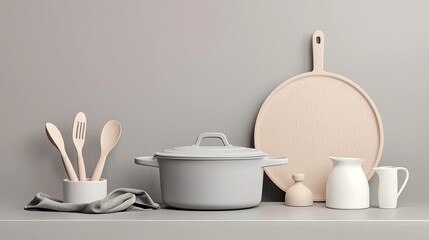 Serene Kitchen Still Life Featuring Gray Cookware Wooden Utensils and White Tableware on Soft Gray Surface with Minimalist Aesthetic