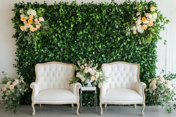 Elegant floral wedding background with white chairs and greenery decor