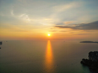 Aerial view of white sand and stunning mountain cliffs at Railay Beach (Ao Phra Nang Beach) in...