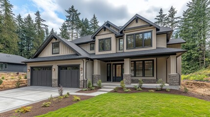 Obraz premium New Craftsman home, forested lot, landscaped yard