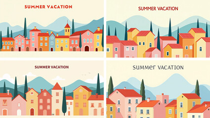 Set of summer nature landscape poster, web banner, and a cover card.