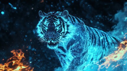 Fiery Blue Tiger in Abstract Flames