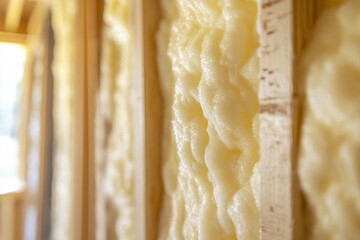 Close-up of spray foam insulation on wooden frame in sunlit room