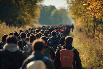 Refugee crowd lines up to cross the border into a disaster zone in search of safety