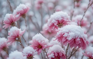 A close-up of pink flowers with snowflakes on them