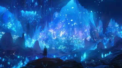 Obraz premium Solitary Figure Contemplating a Bioluminescent Crystal Cave City