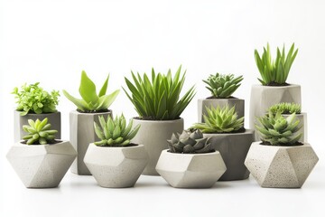 Fototapeta premium A collection of small, modern concrete planters arranged aesthetically on a white background.