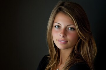 Fototapeta premium Young caucasian female with long hair smiling against dark background