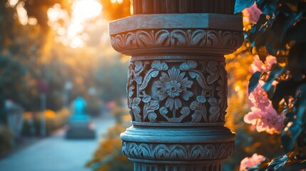 Ornate garden column, sunset, floral background