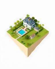 isometric villa and swimming pool on the ground, vector illustration