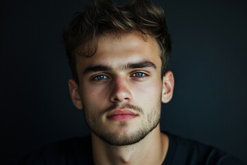 Obraz premium Young caucasian male with brown hair and beard against dark background