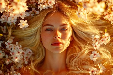 Fototapeta premium Pretty caucasian young woman surrounded by cherry blossoms. Spring mood, golden hour in sunset. Commercial ad campaign idea. Commercial spring mood with woman in flowers.