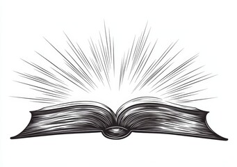 A PNG illustration of a book and light rays is presented as a sketch engraving, suitable for a T-shirt apparel print design with a scratch board imitation, in a black and white hand drawn image