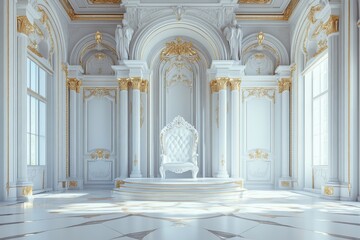 Obraz premium Gorgeous throne hall with intricate decorations, highlighting the elegance of a white throne