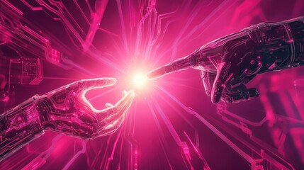Obraz premium Two robotic hands reaching towards each other, connected by a bright light, set against a futuristic pink circuit board background.