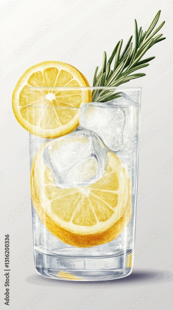 Aufkleber refreshing lemon drink with ice and herbs in a glass on a light background