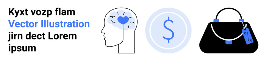 Head silhouette with heart in brain, dollar coin symbol, and handbag. Ideal for creativity, finance, economics, fashion, commerce personal branding entrepreneurship. Flat landing page banner
