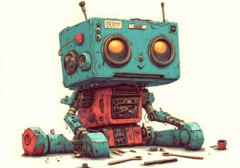 Retro pop art PNG illustration of a disassembled broken cartoon robot in comic book style imitation