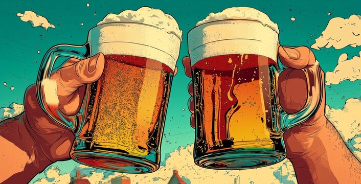 A comic book style imitation of friends at a beer party with cheers and drinking alcohol in a pop art retro PNG illustration