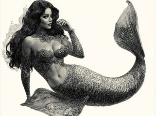 A mermaid with long, flowing hair and a seashell bra, embodying a classic retro fantasy charm, is depicted in a sketch engraving created by generative AI as a fictional character in a raster © Maxim Borbut