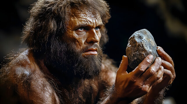Prehistoric man holding stone tool, ancient times.