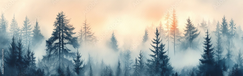 Aufkleber dense evergreen trees shrouded in mist during early morning light in a tranquil forest setting