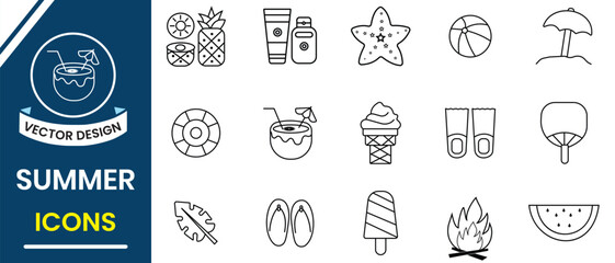 Summer icon, vector set collection. Beach icon,  Travel, holiday, tourism vector icon set. Summer Vacation element, beach line icon vector set design. Vector illustration.