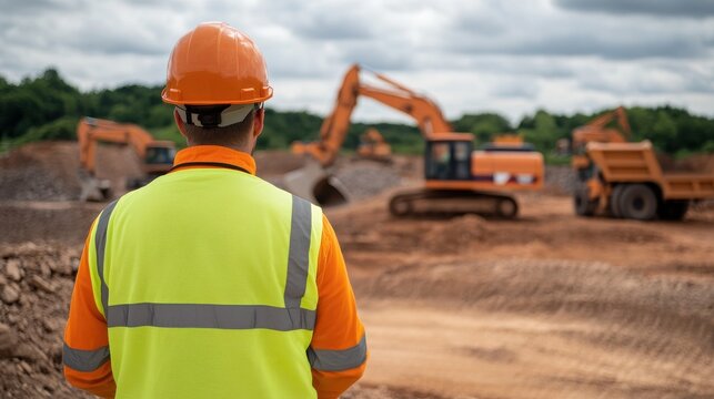 A construction worker in safety gear observes heavy machinery operating at a construction site under a cloudy sky.