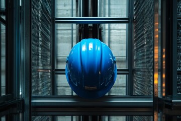 Blue safety helmet in industrial elevator shaft with metal framework