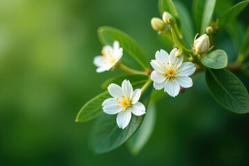 Fototapeta premium Green stem with white eucalyptus flowers and leaves, leaf texture