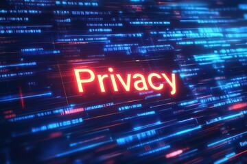 A tech-inspired digital background with the word "Privacy" in bold text, surrounded by abstract alphanumeric characters and binary code.