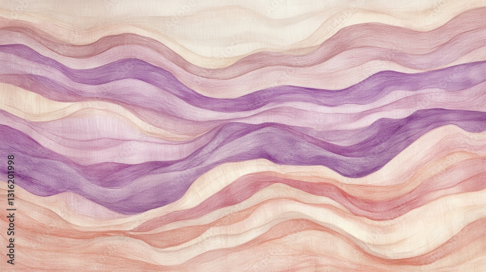Poster soft pencil strokes create flowing waves in muted peach and purple tones in a serene abstract artwor
