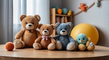 Adorable Teddy Bear Family Plush Toys on Wooden Table