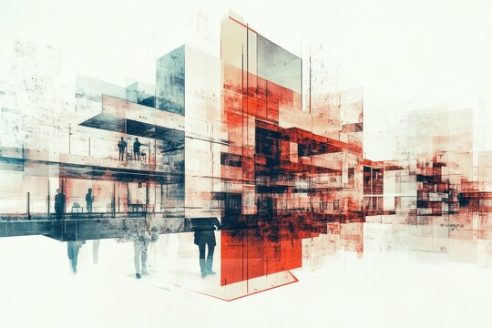 Double exposure graphic design depicting building construction, with engineers and architects in focus