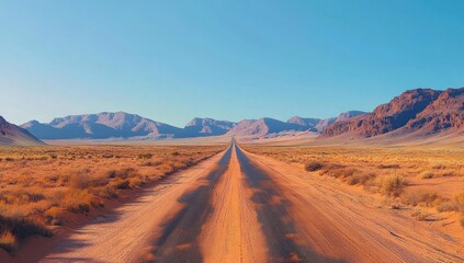 A long, straight desert road vanishes into the distance between red mountains under a clear blue sky.