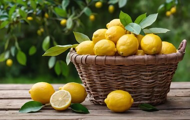 A basket of lemons on a wooden table with a lemon tree in the background